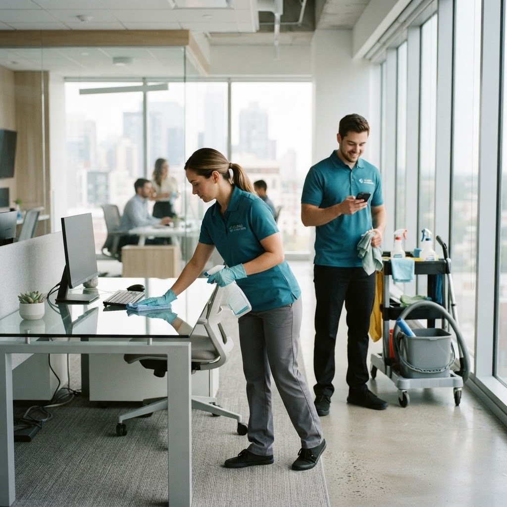 Two cleaners working in a bright modern office, one checking job details on a phone