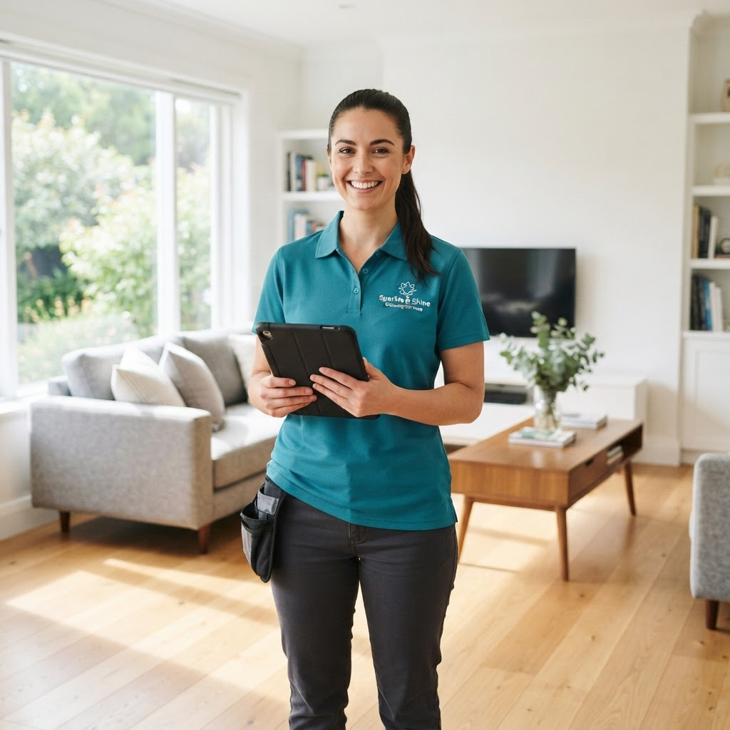 A professional cleaner holding a tablet in a freshly cleaned living room
